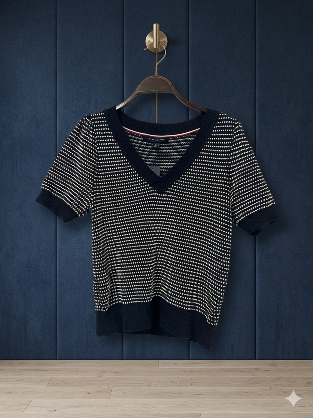 Tommy Hilfiger Navy and White Striped V-Neck Short Sleeve Top